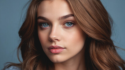 Close-up portrait of a beautiful young brown-haired girl with blue eyes.
