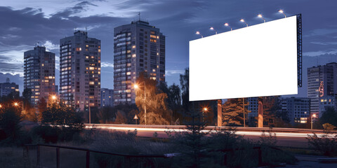 urban landscape at night with a white blank billboard poster design, empty white billboard with buildings at night