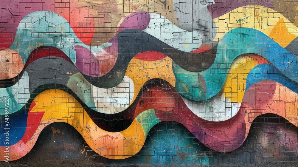 Poster Abstract graffiti wall background, crafted to serve as a pop art backdrop. This conceptual piece, not based on a real photo, blends bold colors and dynamic patterns, AI Generative