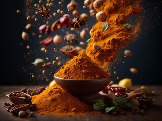 Premium cooking spices and herbs, studio lighting and background, cinematic food ingredients photography