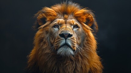 Fototapeta premium African lion portrait, majestic mane detail, stark black backdrop, imposing, sharp focus, soft backlighting, AI Generative