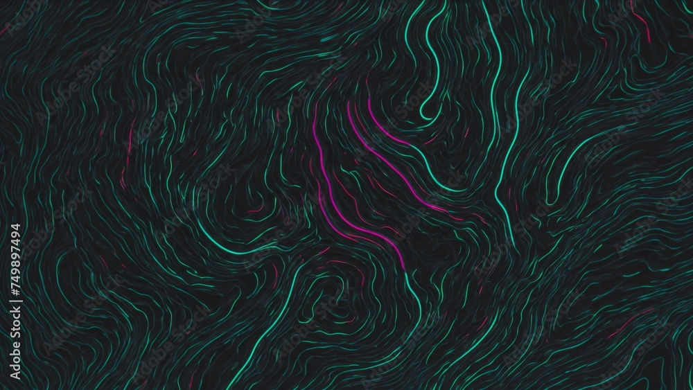 Poster intense neon graphics depict abstract elevation structures on a dark canvas