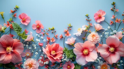 Artistic flat lay illustration showcasing vibrant Spring flowers scattered across a soft pastel blue background. The focus on pink bloomed flowers against the calming blue creates, AI Generative