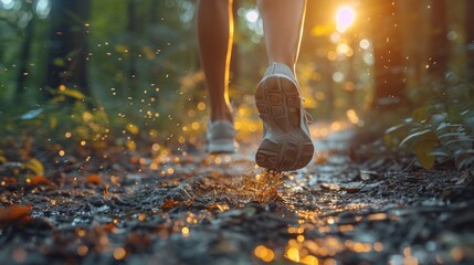 Athlete's feet pounding the trail, early morning light illuminates the path, AI Generative