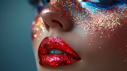 Beautiful holiday makeup, Fashion model with festive glitter and bold lipstick, eyes sparkling with celebration, AI Generative