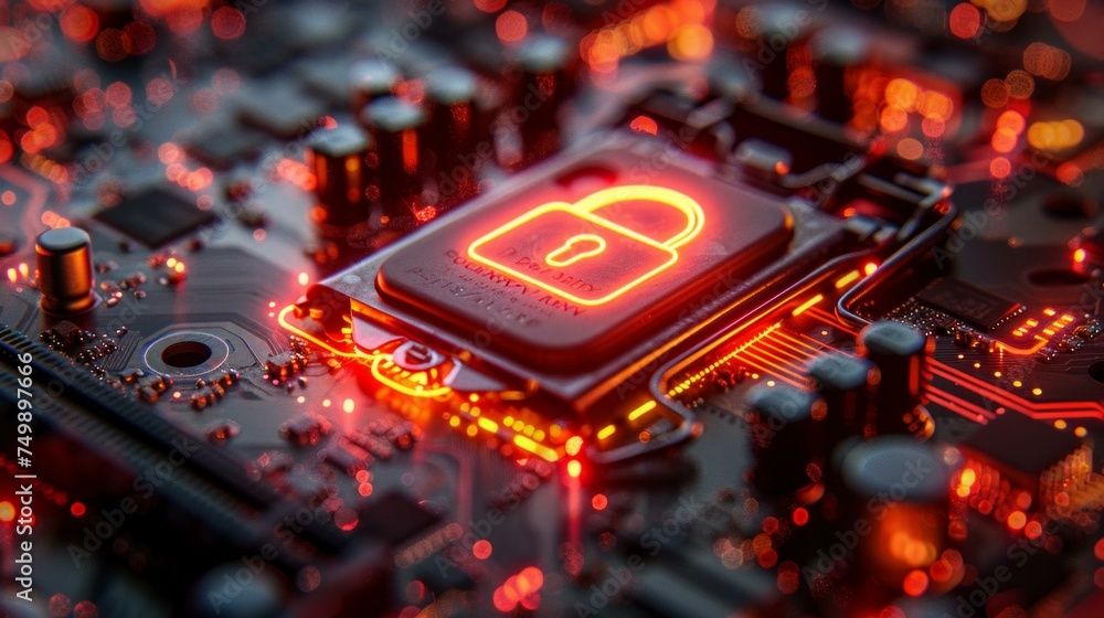 Poster compute motherboard security, closeup on electronic pathways, lock icon with credential verification