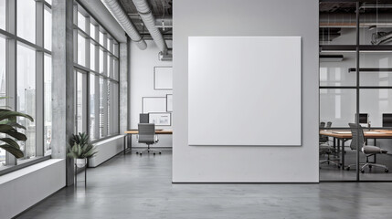 empty white blank poster in an office, 
white board hung in a room  in modern office