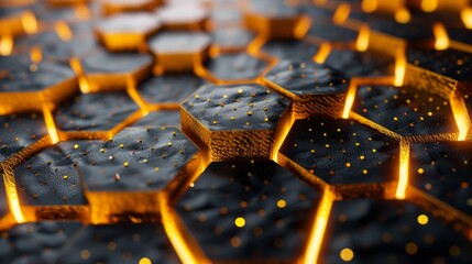 Fototapeta premium dynamic black and gold colored honeycomb abstract, hexagonal shapes forming a cutting-edge technology backdrop, vector illustration, creating an aura of luxury and innovation, AI Generative
