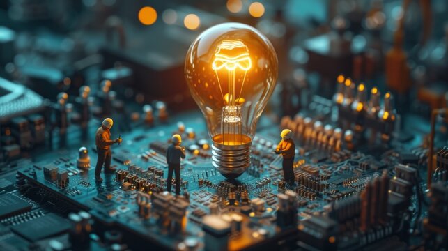 Dynamic business scene with miniature characters brainstorming and cultivating innovative ideas, centered around a large, isometric light bulb symbolizing the spark of creativity, AI Generative