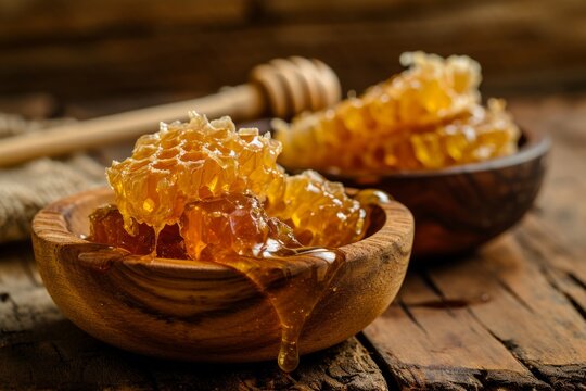 Sweet natural honey honeycomb dipper bowl fresh spring flowers bee golden syrup cells nature sweet healthy food delicious ingredient bees summer comb pure tasty eco food medicine yellow liquid taste - Powered by Adobe
