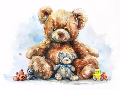 Watercolor Drawing of Cute Toy Teddy Bear Colorful Illustration isolated on white background HD Print 4928x3712 pixels Neo Art V4 51