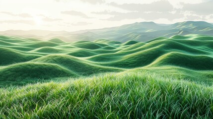 Savanna grass field rows, 3D rendered on white, endless green waves, serene nature pattern, for clean integration, AI Generative