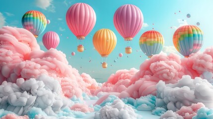 Rainbow and balloons in 3D, abstract clouds dot the scene, a vibrant and colorful escapade, floating in whimsy, AI Generative