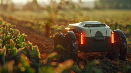 Autonomous Farm Robot Navigating Crop Rows
. An autonomous robot traverses between rows of crops on a farm, utilizing cutting-edge technology to assist in agricultural production.
 - obrazy, fototapety, plakaty