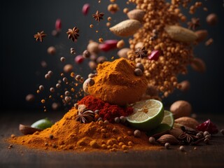 Premium cooking spices and herbs, studio lighting and background, cinematic food ingredients photography
