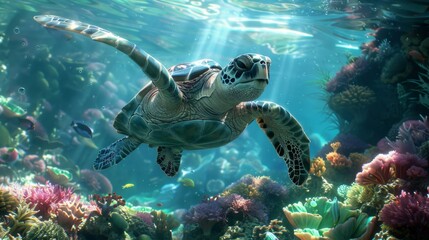serene sea turtle gliding, crystal clear ocean waters, vibrant coral reef below, peaceful, underwater sunlight rays, AI Generative - obrazy, fototapety, plakaty