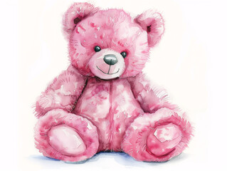 Watercolor Drawing of Cute Pink Toy Teddy Bear Colorful Illustration isolated on white background...