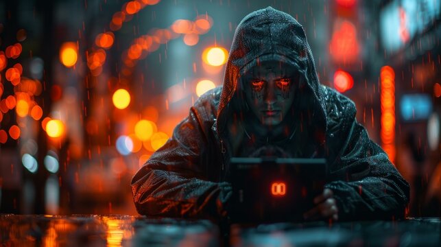 Robotic hacker in cyberattack mode, visualization of cybersecurity breach, digital environment of cybercrime, robotic entity amidst coding and data streams, wide angle, AI Generative