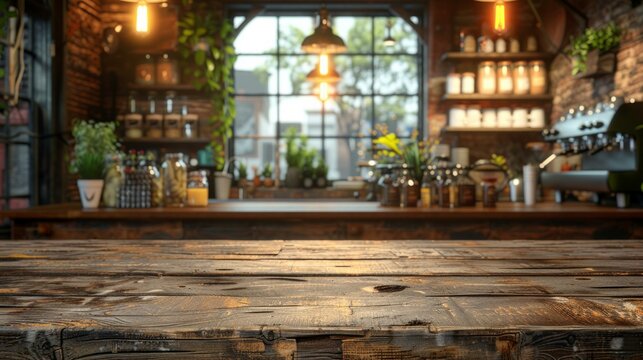 Rustic wood table with a blurred cafe setting, nostalgic and inviting, perfect for showcasing goods, AI Generative