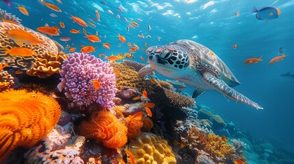 vibrant coral reef panorama, tropical fish, whale shark, hammerhead, zebra shark, sea turtle, marine biodiversity, colorful, underwater paradise, AI Generative - obrazy, fototapety, plakaty