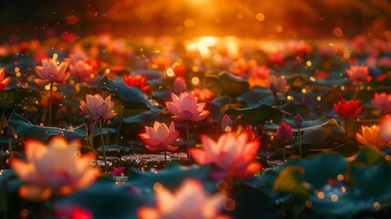Vibrant lotus pond at sunset, golden light reflecting on water, AI Generative