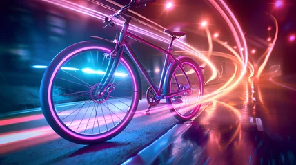 Gordijnen background with bicycle, 3d rendering of a bicycle in neon light on a dark background  © Sana
