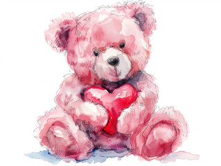 Watercolor Drawing of Cute Pink Toy Teddy Bear with Red Heart Colorful Illustration isolated on white background HD Print 4928x3712 pixels Neo Art V4 23