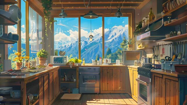  Rustic kitchen with stunning mountain views. Seamless Looping 4k Video Animation