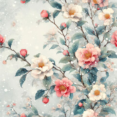 椿の花と雪の水彩画風イラスト