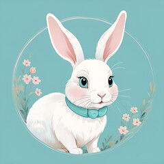 cute cartoon white rabbit in a pastel turquoise circle. concept logo, icon