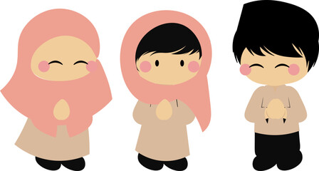 a group of cute girl girl and boy saying happy ramadhan and eid, chibi laki laki dan perempuan mengucapkan selamat ramadhan dan idul fitri