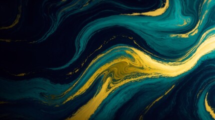 Blue and gold paints merge in an abstract marbled texture with luxurious golden highlights 