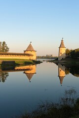Pskov, Russia, September 11, 2023. Watchtowers of the city Kremlin at dawn.