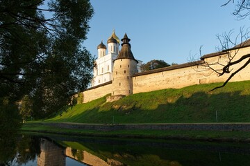  Pskov, Russia, September 11, 2023. The Kremlin wall and the Trinity Cathedral at dawn.            ...