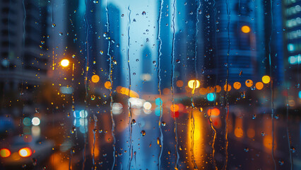 Sunset Showers: A Cityscape in the Window
