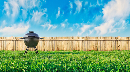 summer time party in backyard garden with grill BBQ, wooden fence - 749901454