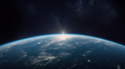 Breathtaking Earth's horizon view with sun's glow & star-speckled space 