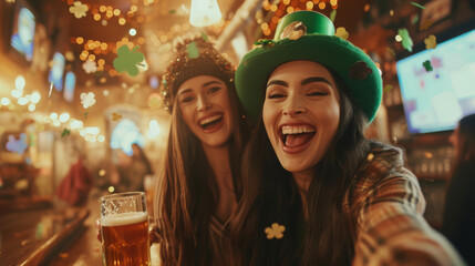 Jubilant women in leprechaun hats enjoying St. Patrick's with beer and clover confetti in a pub - obrazy, fototapety, plakaty