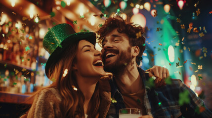 Young couple in festive attire, grinning widely, exuding joy. A stylish young man and woman celebrating St. Patrick's Day with vibrant green leprechaun hats, flying clover confetti, blurred background