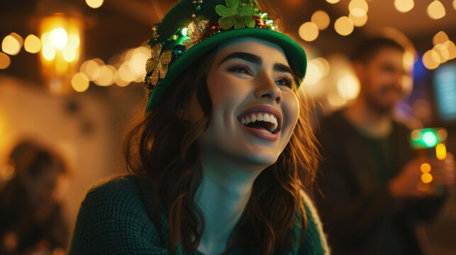 Joyful woman in a green St. Patrick's Day hat laughing in a pub