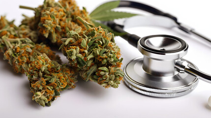 Medical Marijuana with stetoscope on white background