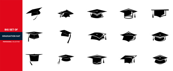 Education icons set. Graduation cap, Graduation hat, Graduation head.