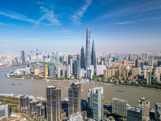 The drone aerial view of  Huangpu River and Lujizui finance and trade zone, Shanghai, China. 