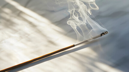 Aesthetic incense stick with smoke on a light sunny background. Spa meditation concept. Copy space. Generative AI