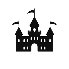Vector castle Icon. Silhouette icon castle. Castle, halloween icon. Vector illustration, flat design. Castle tower logo stronghold medieval silhouette icon. Ancient illustration symbol. Castle Logo. - obrazy, fototapety, plakaty