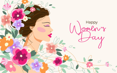 Obraz na płótnie Canvas 8 march Women's day poster, woman with flowers, spring celebration, card, vector illustration
