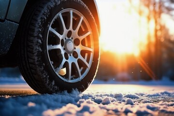 Winter tire covered in snow snowy road ice icy car wheel drive safety safe driving transportation condition change vehicle auto slippery danger frost protection climate dangerous offroad environment