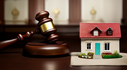 Justice in courthouse. Real Estate Purchase and Sale Transaction Litigation. Sale of Real Property. Lawyer in courtroom. House Sale. Mallet of judge in courtroom. Tax when selling a home and building. - obrazy, fototapety, plakaty