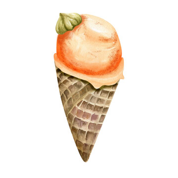 Ice cream watercolor illustration. Hand drawn sweet ice in waffle cone, orange ice cream, summer delicious food for product, label, beach party design.
