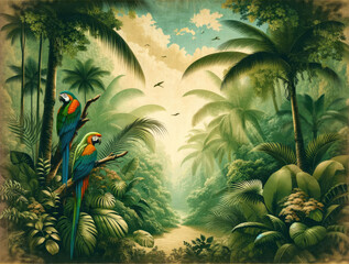 Wallpaper of tropical leaves in Lush Tropical Rainforest , old vintage drawing , landscape , Wall art , birds , Jungle , parrot , Macaws